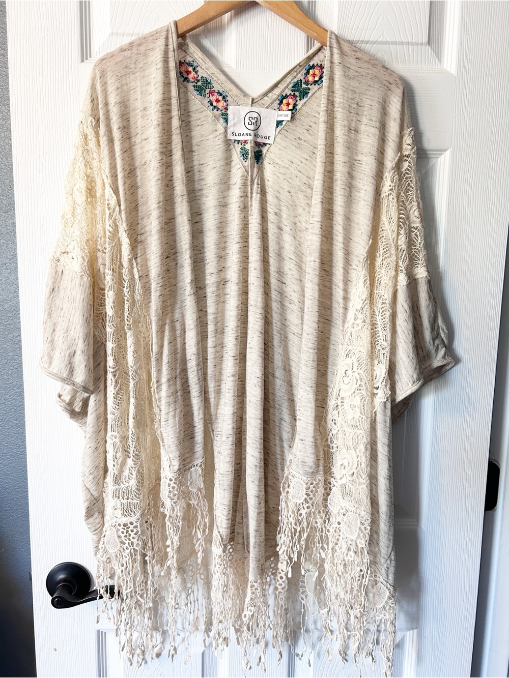 Sloane Rouge Boho Cream Embroidered Fringe Cape Cardigan- One Size